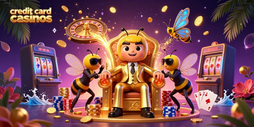 Experience thrilling action at credit card casinos with a cartoon mob boss and vibrant gaming elements.