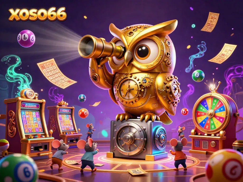 Engaging scene featuring xoso66's golden owl overseeing dynamic casino activities with lottery elements.
