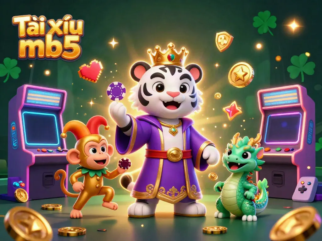 Tài xỉu mb5 illustration featuring a tiger, monkey, and dragon amidst vibrant gaming elements.