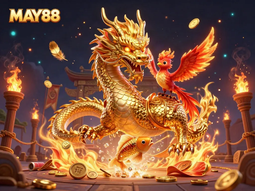 Experience thrilling gameplay at MAY88 with a majestic dragon, phoenix, and koi amidst vibrant casino elements.
