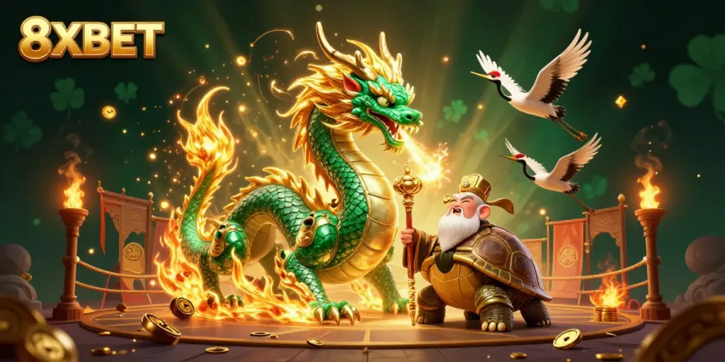 Experience winning strategies with 8XBET in this vibrant, dynamic casino scene featuring mythical characters.