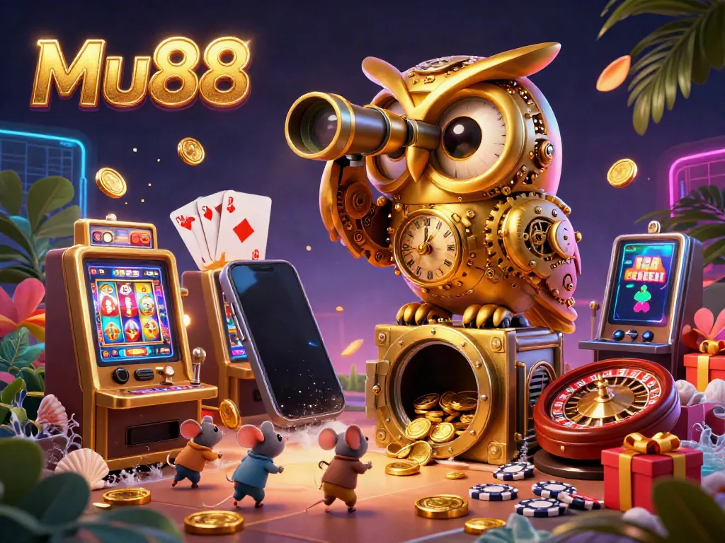Engage with Mu88's vibrant 3D casino world, featuring a golden owl atop a vault door amidst dynamic slot games.
