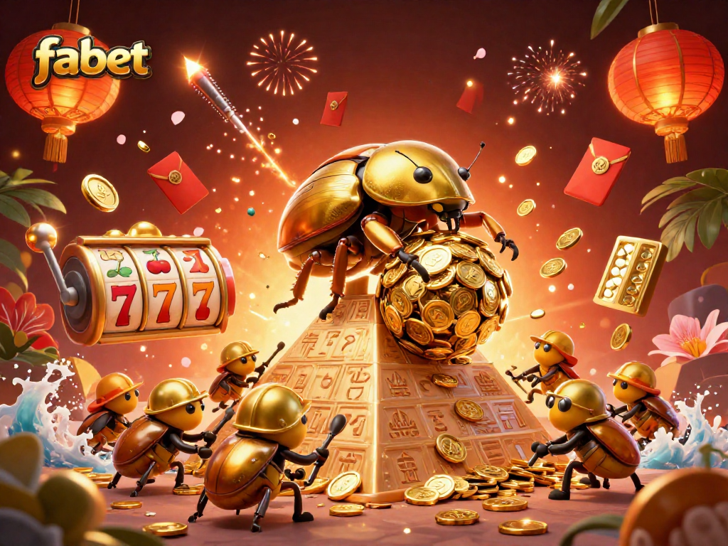 Experience thrilling jackpots with fabet as a golden beetle rolls in a vibrant casino scene