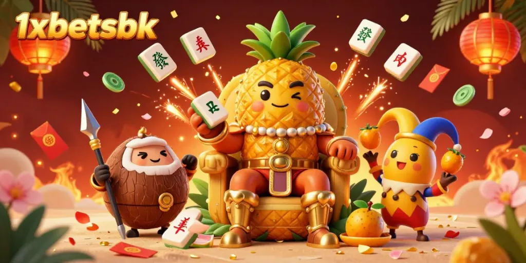 Engaging 3D scene demonstrating the vibrant world of 1xbetsbk, featuring the pineapple king amid dynamic gambling elements.