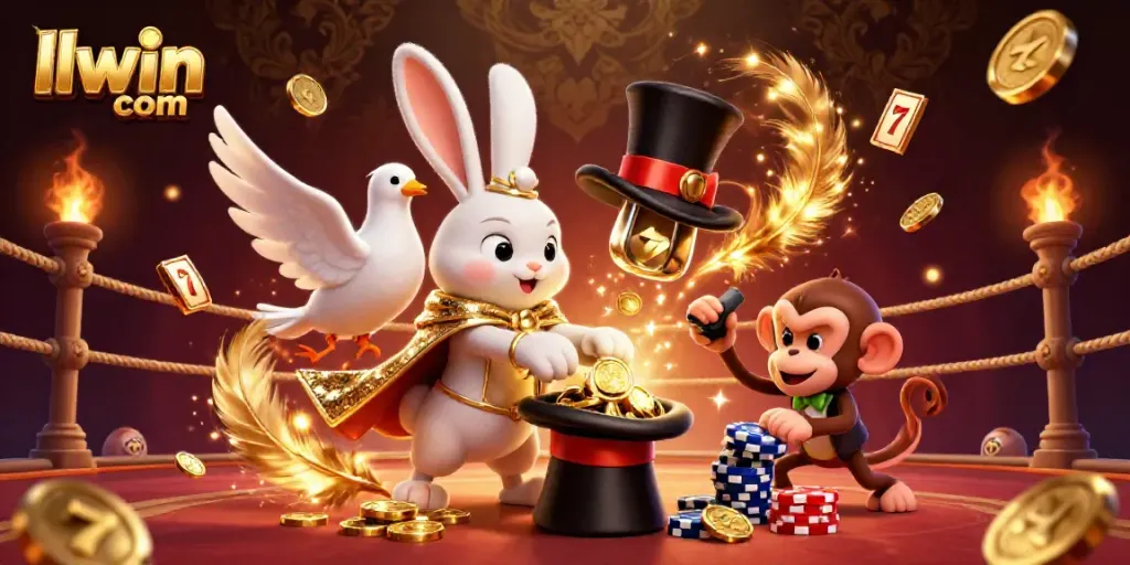 Experience the magic of llwin com with enchanting visuals of a rabbit, dove, and monkey in a lively casino scene.