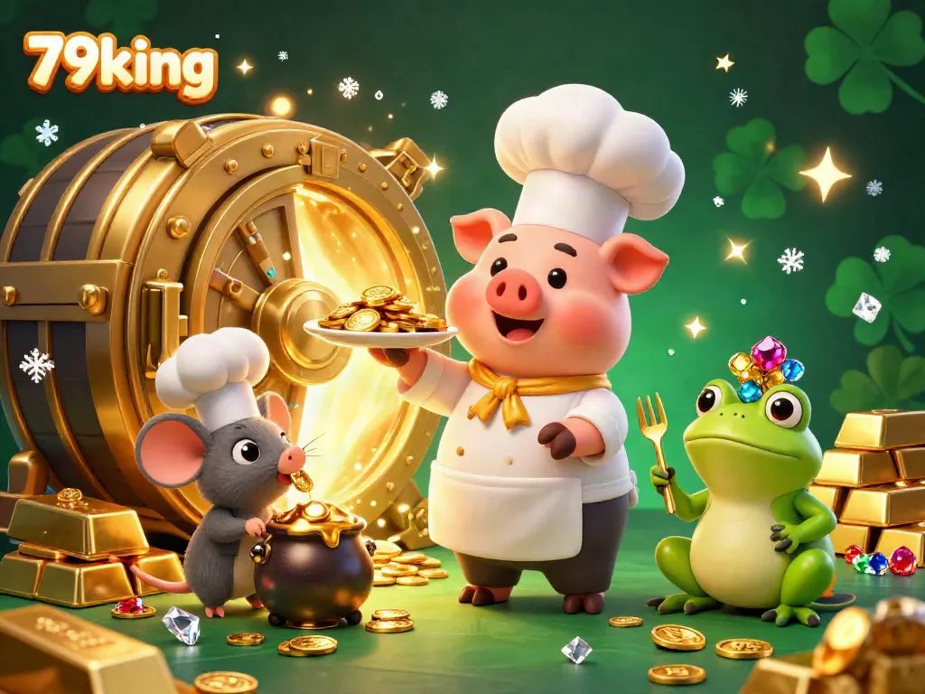 Join the excitement at 79king as a chef pig serves gold coins in an ultra-detailed 3D casino scene.