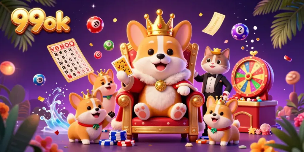 Engage in thrilling games at 99ok with vibrant characters and casino elements in a dynamic scene.