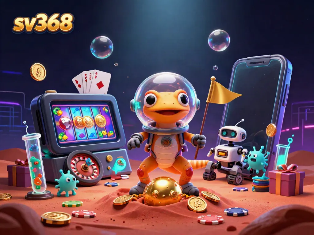 Experience thrilling gaming in SV368's vibrant casino world, featuring a Martian gecko and exciting games.