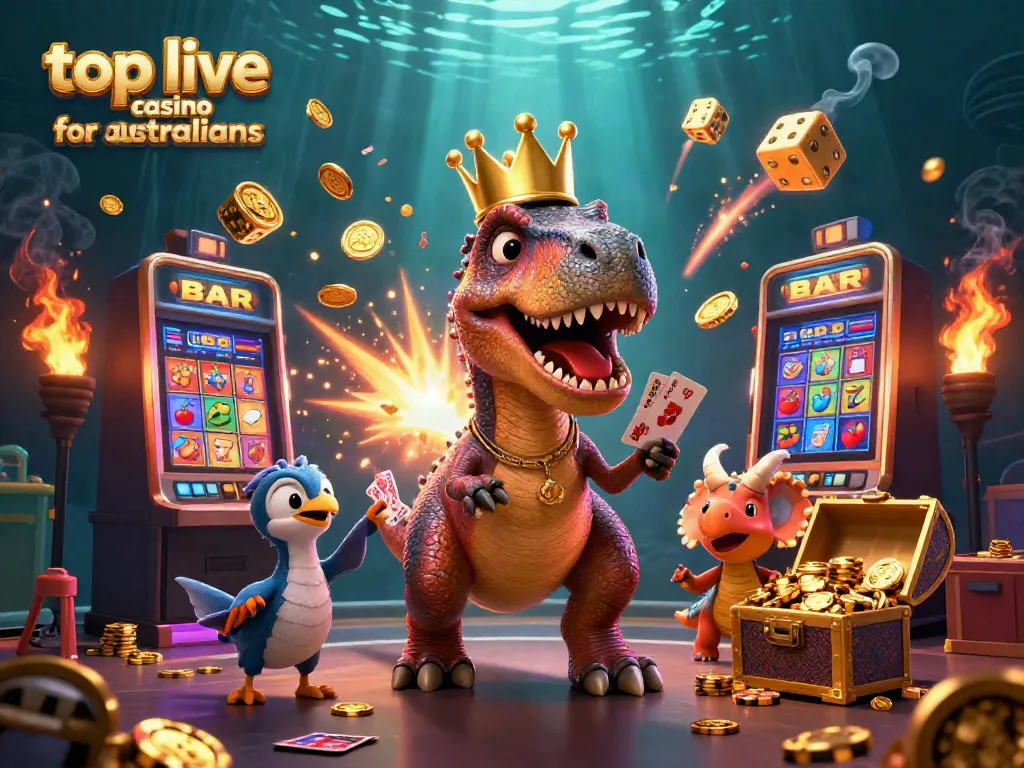 Engage with the top live casino for australians through a dynamic 3D illustration featuring casino games and lively characters.