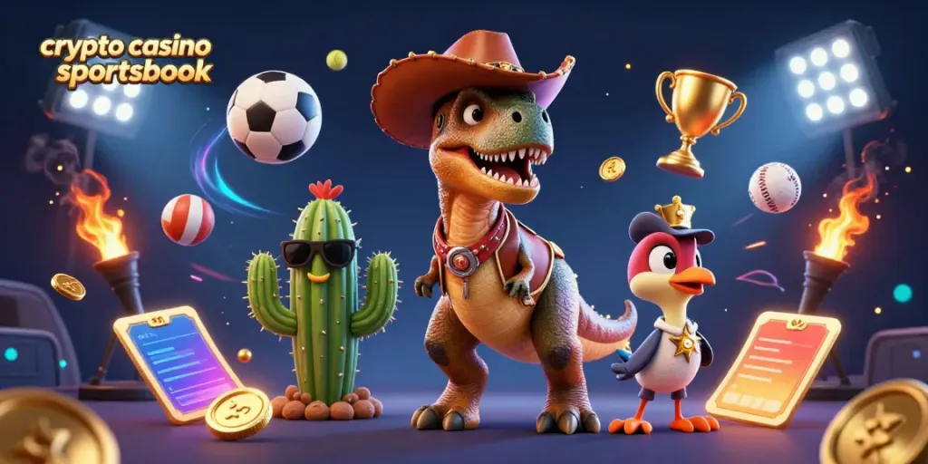 Experience crypto casino sportsbook excitement with a dynamic 3D cowboy dinosaur and sports elements.