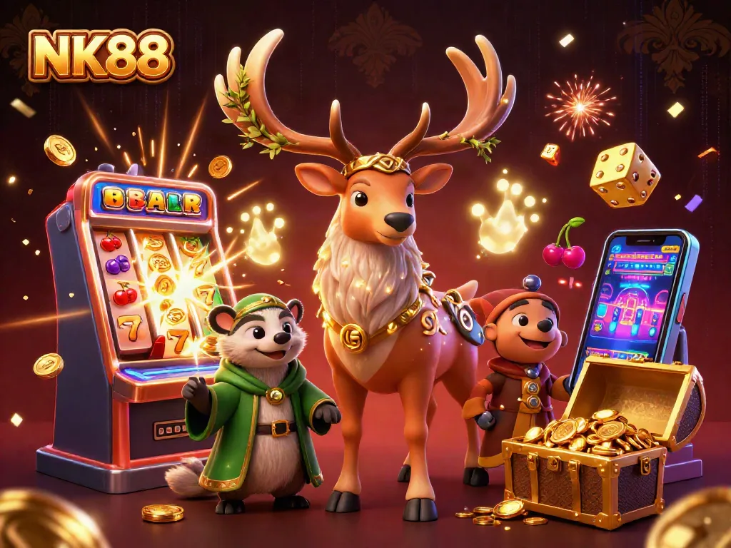 Spin the reels with NK88, featuring a magical druid stag, jackpot wins, and casino excitement.