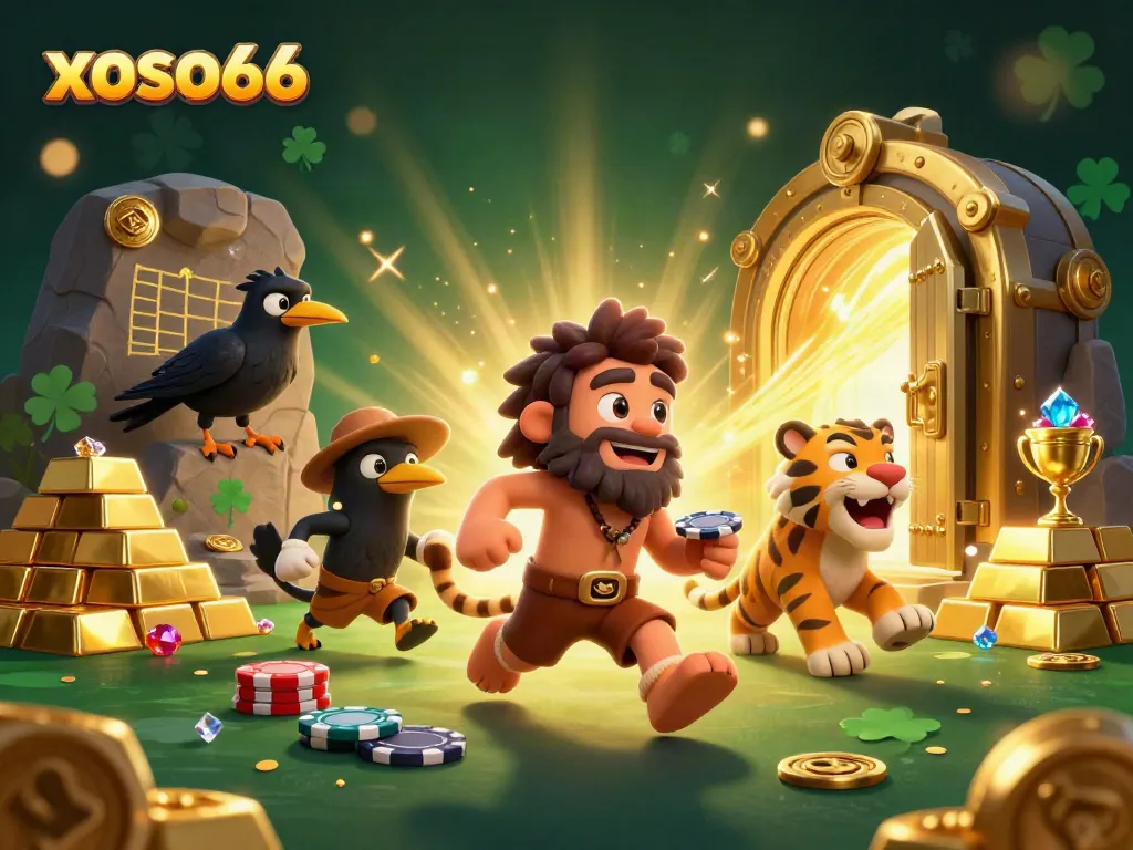 Experience thrilling excitement at xoso66 with a caveman and sabertooth duo running a colorful casino adventure.