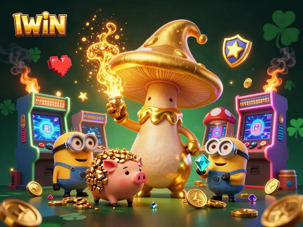 IWIN gameplay highlights with a golden mushroom wizard, treasure-hunting pig, and magical gems
