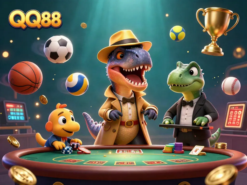 Engage with QQ 88 as a cartoon velociraptor cleverly counting cards in a vibrant casino scene.