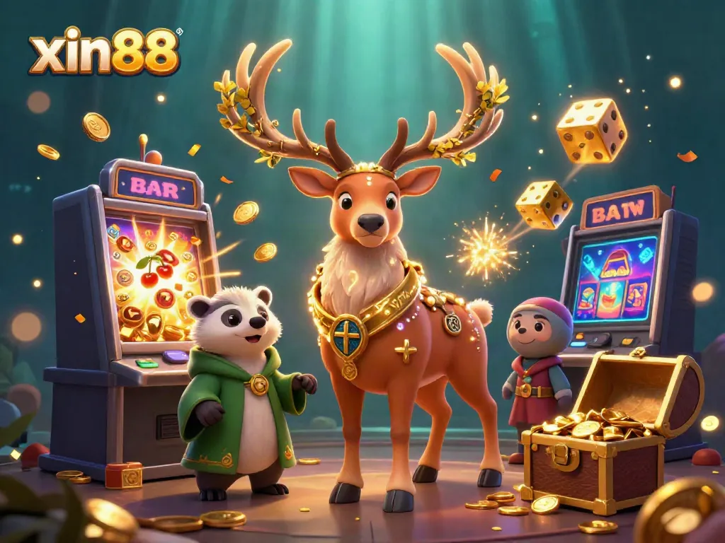 Spin the legendary slots with xin88's captivating druid and a wise badger in this vibrant 3D casino scene.