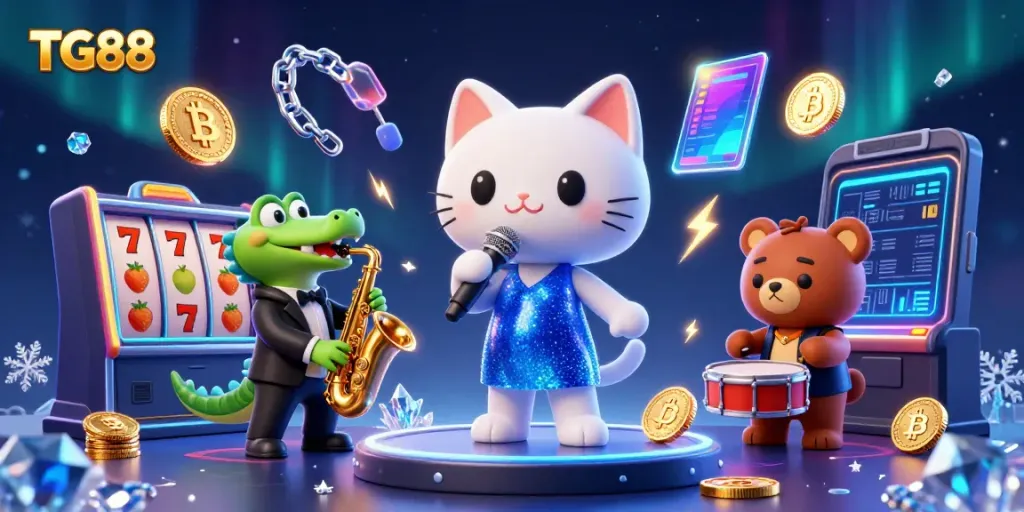 Engage with TG88's vibrant casino scene featuring lively characters and cryptocurrency elements.
