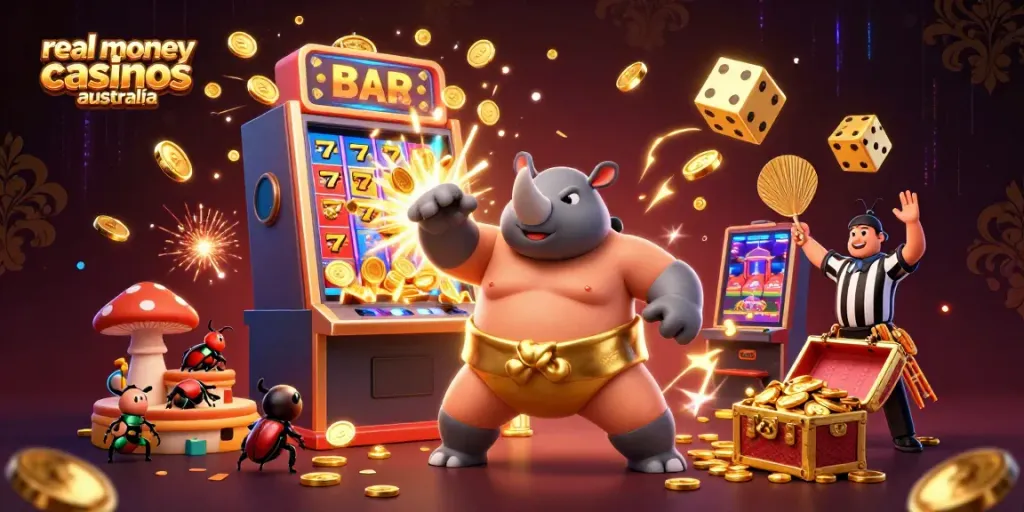 Experience real money casinos Australia with dynamic gameplay and vibrant winnings illustrated in a colorful 3D scene.
