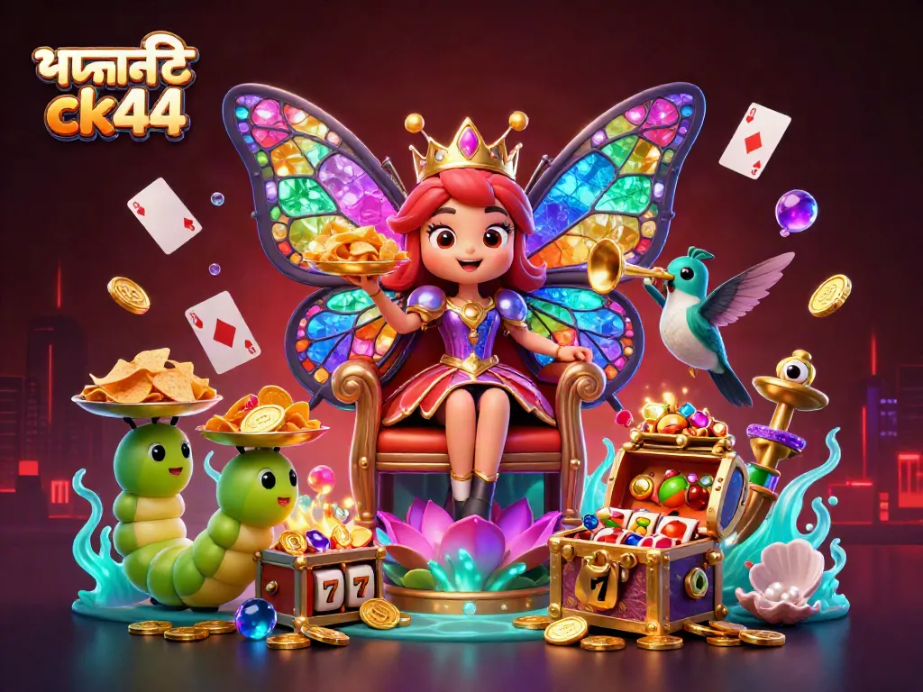 Experience the thrill of পদোন্নতি ck44 with vibrant 3D illustration of a butterfly queen among slot game elements.