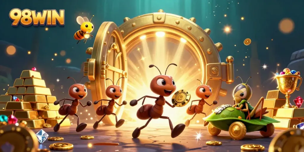 Experience the thrilling 98WIN heist as ants carry a giant poker chip through a vivid treasure tunnel.