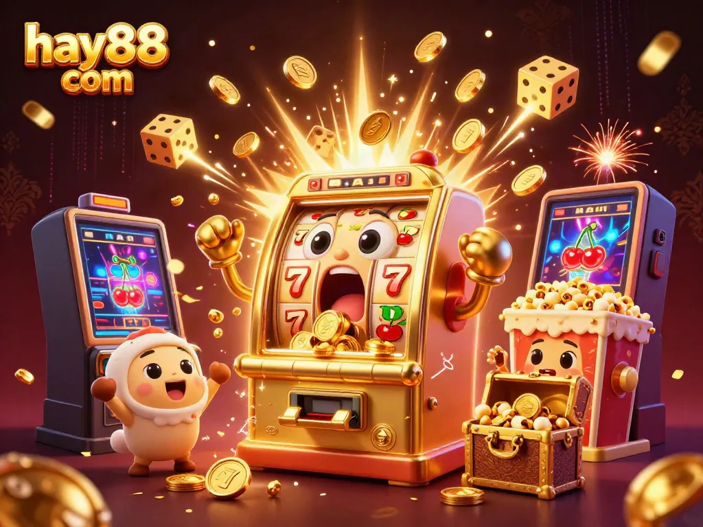 Witness the excitement with hay88 com's golden slot machine celebrating a big jackpot, surrounded by vibrant casino elements.