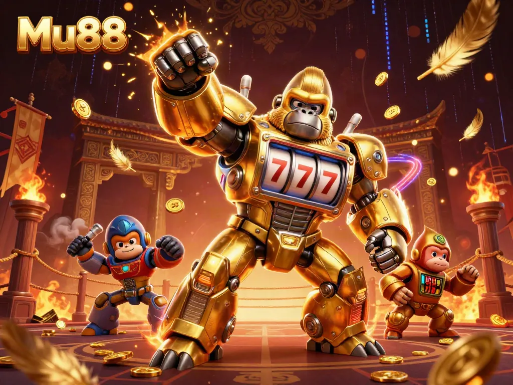 Experience thrilling wins with Mu88's golden gorilla mech and slot machine symbolism in a vibrant casino scene.