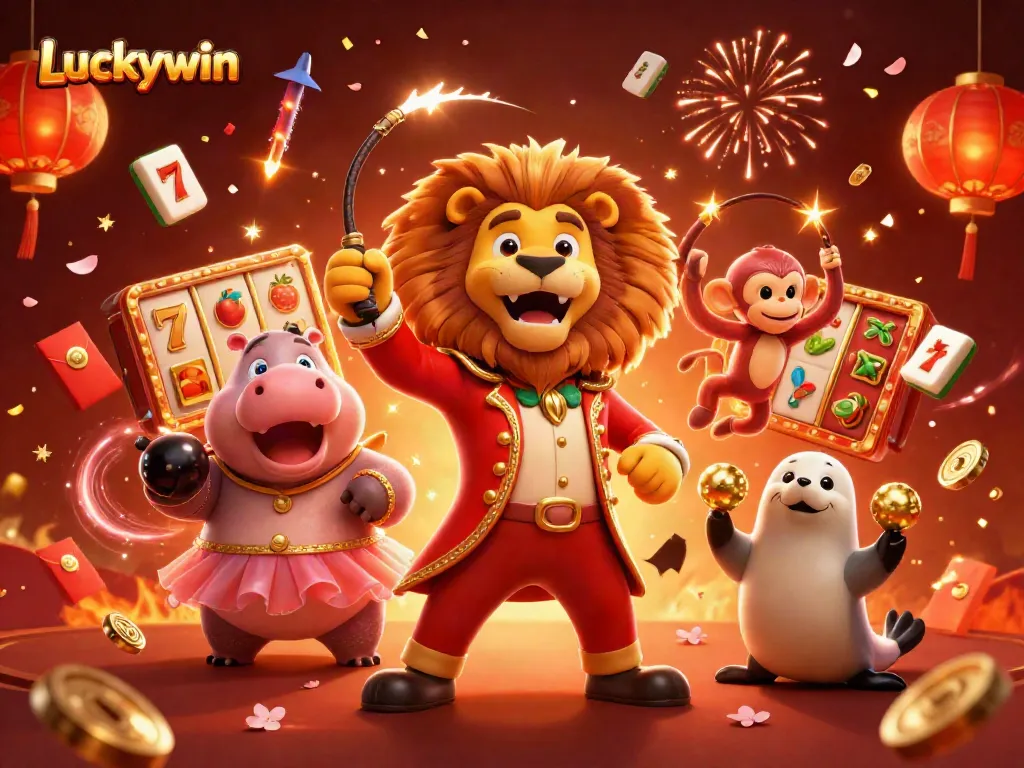 Experience excitement with Luckywin in a lively 3D casino scene featuring vibrant characters and rich gaming elements.