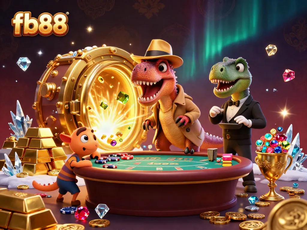 Experience thrilling games at fb88 with a 3D velociraptor card counter and a live casino atmosphere.