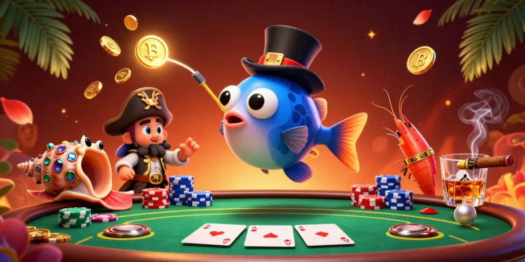 Fun88 showcases a vibrant 3D scene featuring an anglerfish, shrimp, and snail around a poker table.