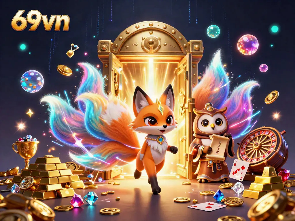 Engage in thrilling gameplay with 69vn's vibrant nine-tailed fox, owl sage, and enchanted treasure!
