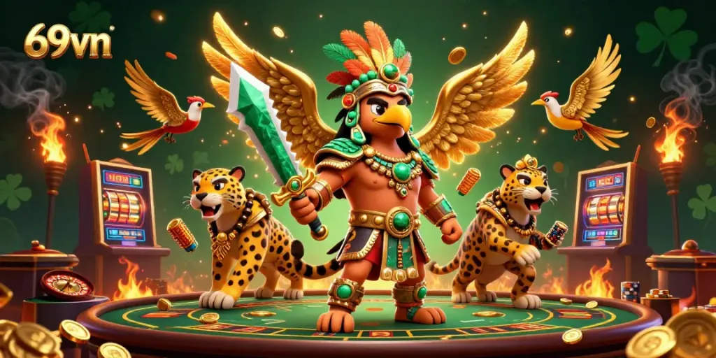 Experience thrilling casino adventures with 69vn's Aztec warriors amidst slot machines and golden coins.