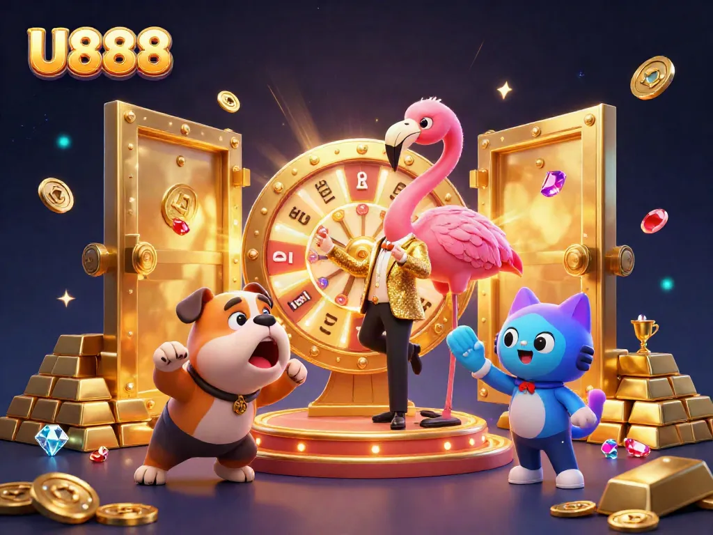 U888 game show scene featuring a flamingo host and bulldog contestant celebrating big prizes, illustrating the excitement of online gambling.