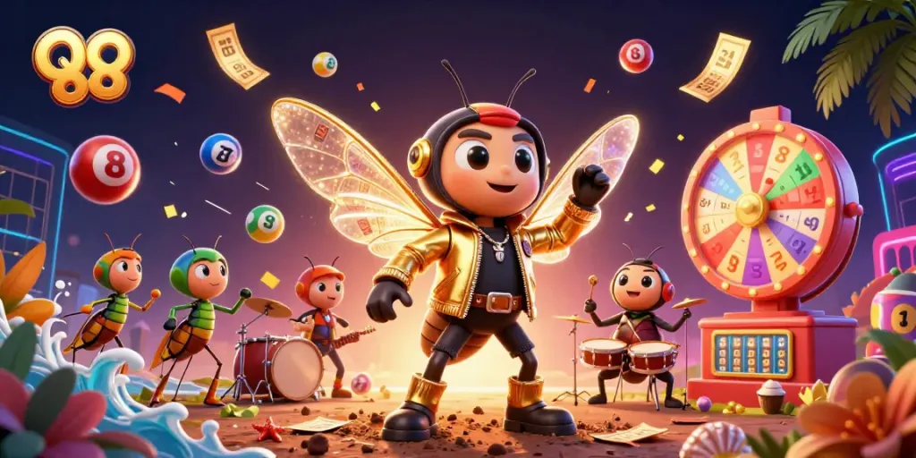 Experience the thrill of QQ 88 with a vibrant 3D casino scene showcasing exciting lottery game elements.