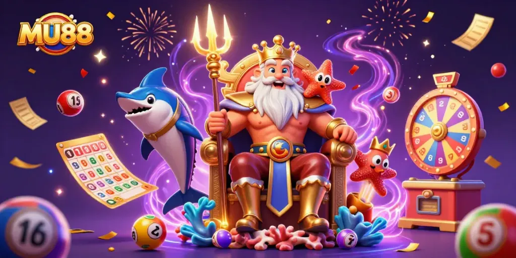 Experience the excitement of MU88 with Neptune, samurai, and vibrant casino elements.