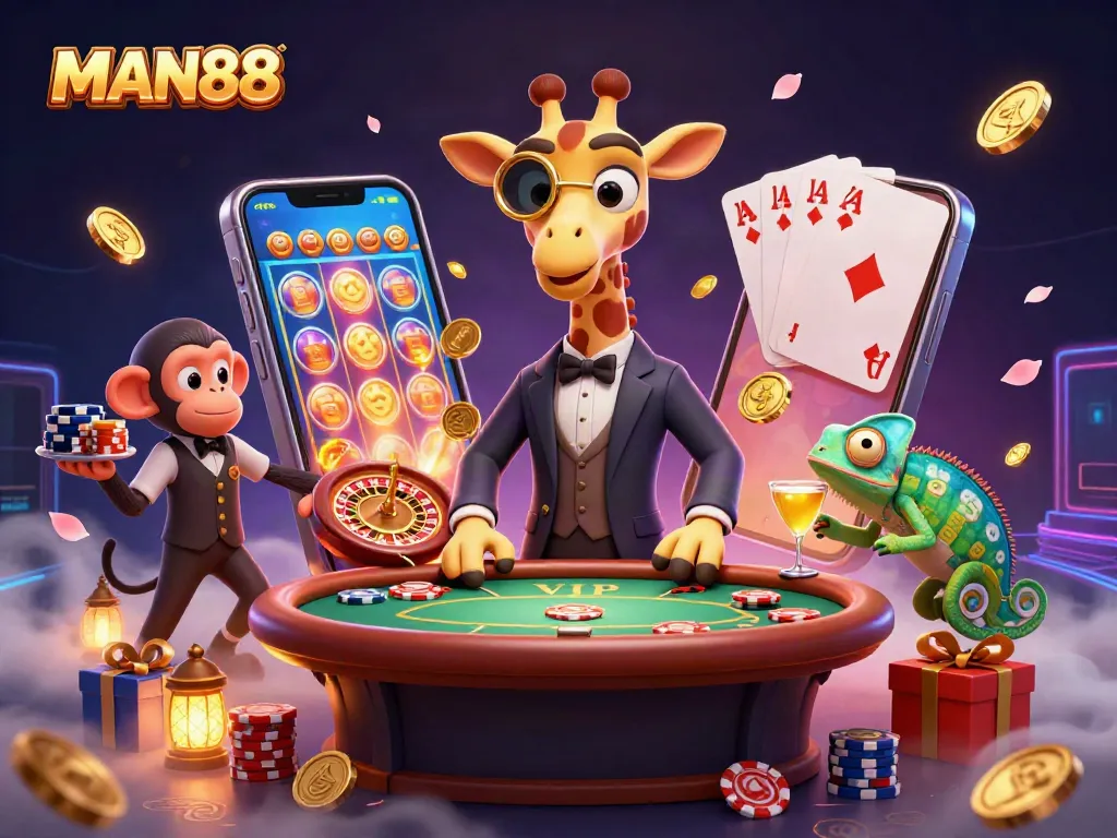 Play exciting casino games at MAN88, featuring vibrant 3D characters and dynamic gambling elements.