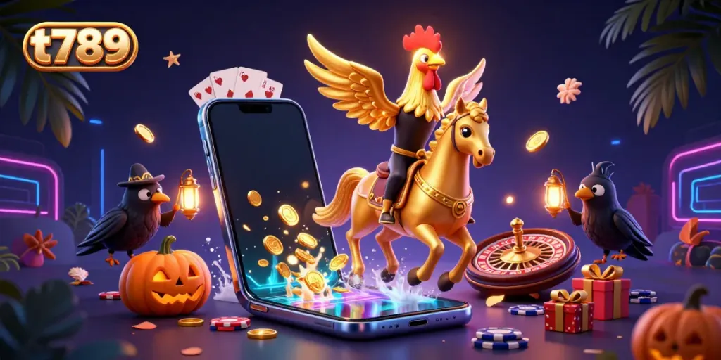 Experience the thrill of t789 with a golden rooster and spectral horse at a vibrant casino.