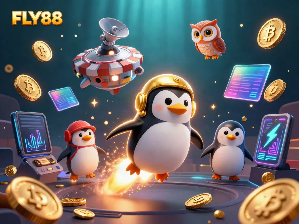 FLY88 rocket-powered penguin racing towards a casino space station in a vibrant cosmic setting.