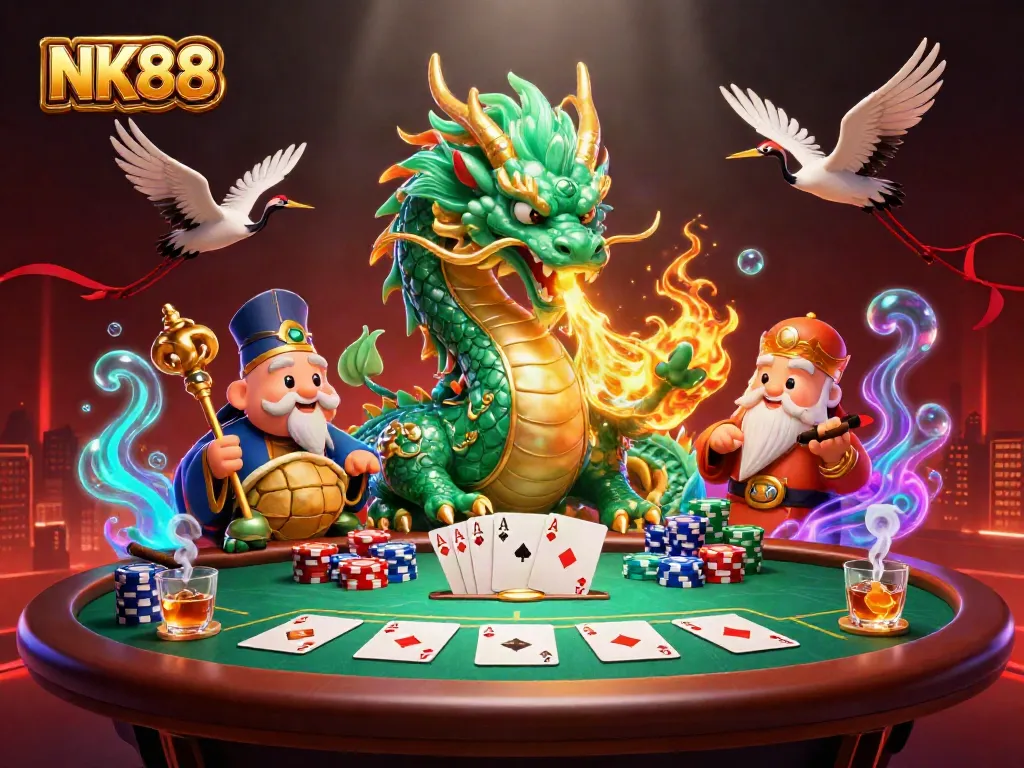 Action-packed scene illustrating NK88 with a jade dragon, turtle sage, and casino elements for gamblers.