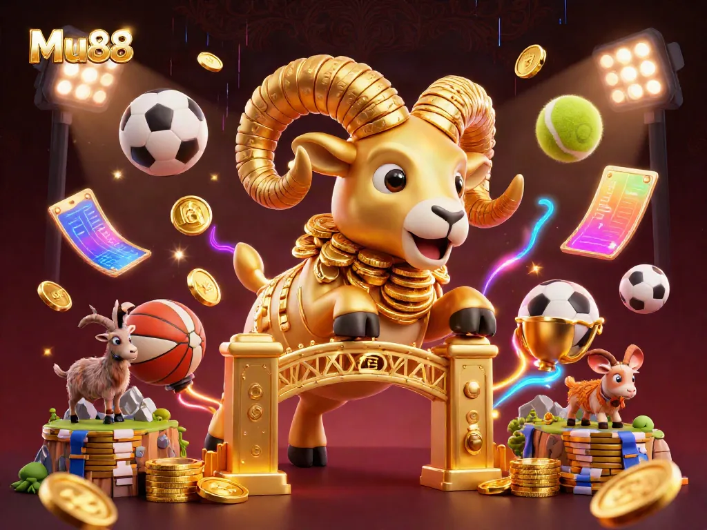 Experience Mu88's thrilling gameplay with a dynamic 3D illustration of a golden ram charging past sports symbols.
