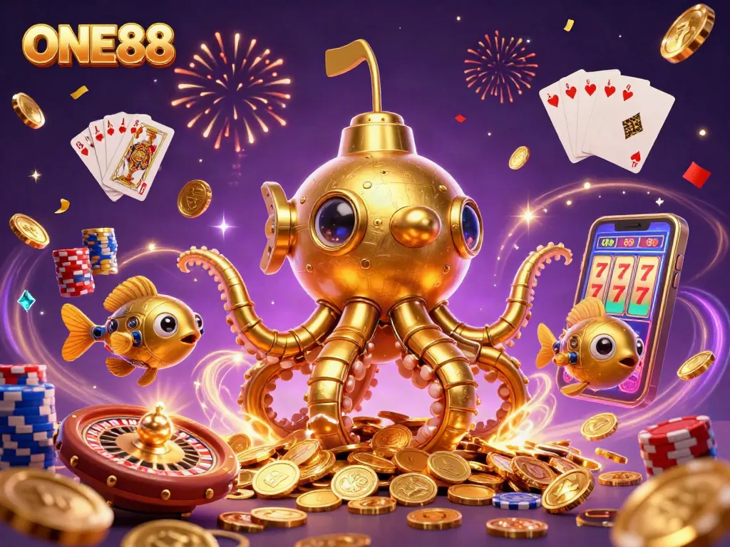 Experience the excitement of ONE88 with cartoon kraken and casino treasures in vibrant illustration.