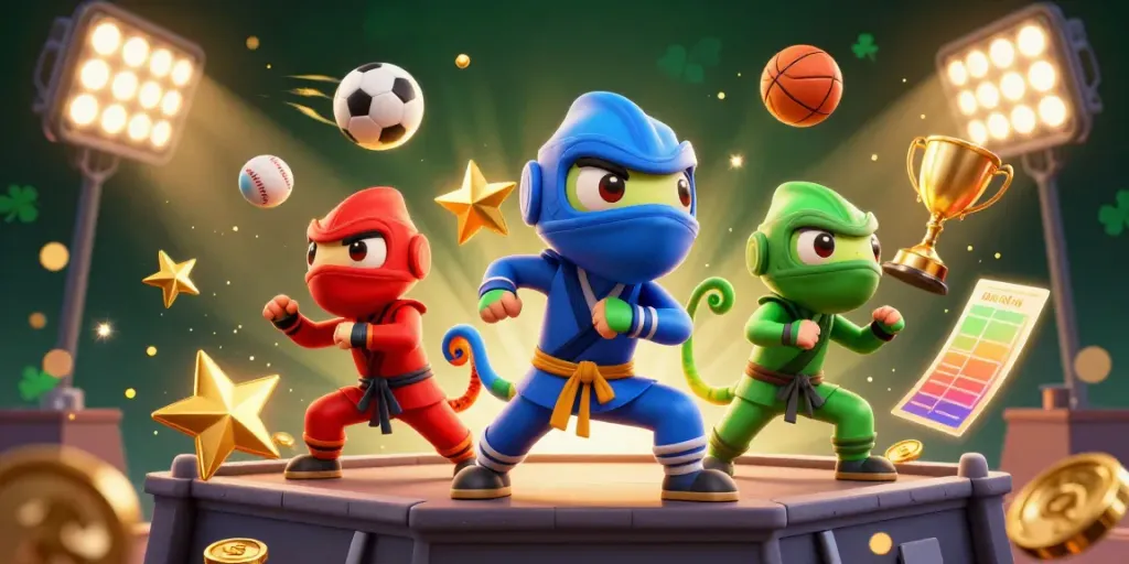 Experience the thrill of casino gaming with the dynamic 23WIN chameleon team showcasing their skills amidst vibrant sports elements.