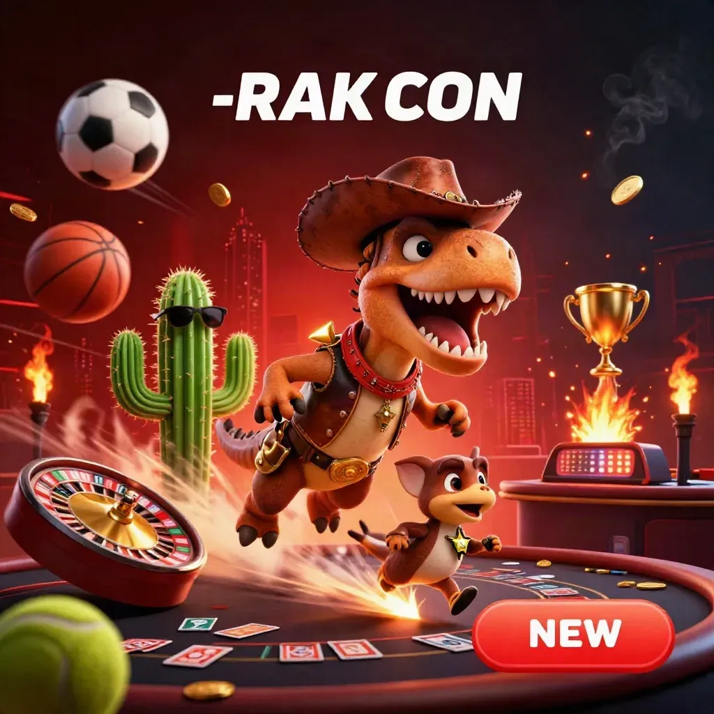 Cowboy T-rex, cactus sidekick, and sheriff roadrunner amid casino chaos and neon treasure