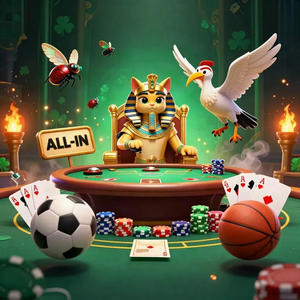 Pharaoh cat, ibis scribe and scarabs amid casino cards, chips, balls and emerald torchlight.