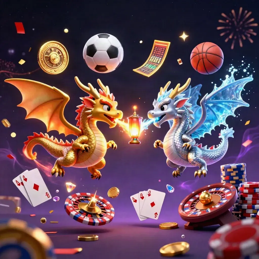 Twin dragons whirl with coins, cards, roulette, and sports balls in a neon casino sky.