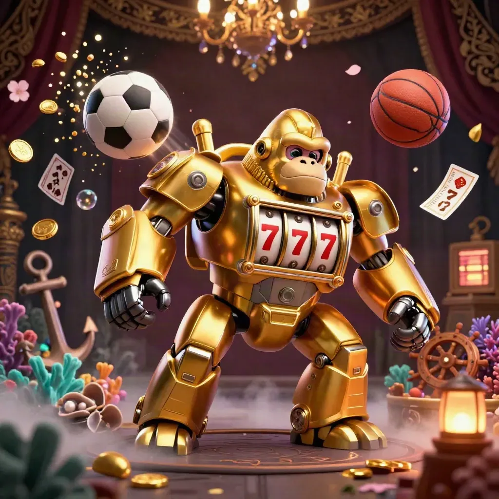 Golden gorilla slot-mech amid coins, coral, balls, and underwater casino treasures