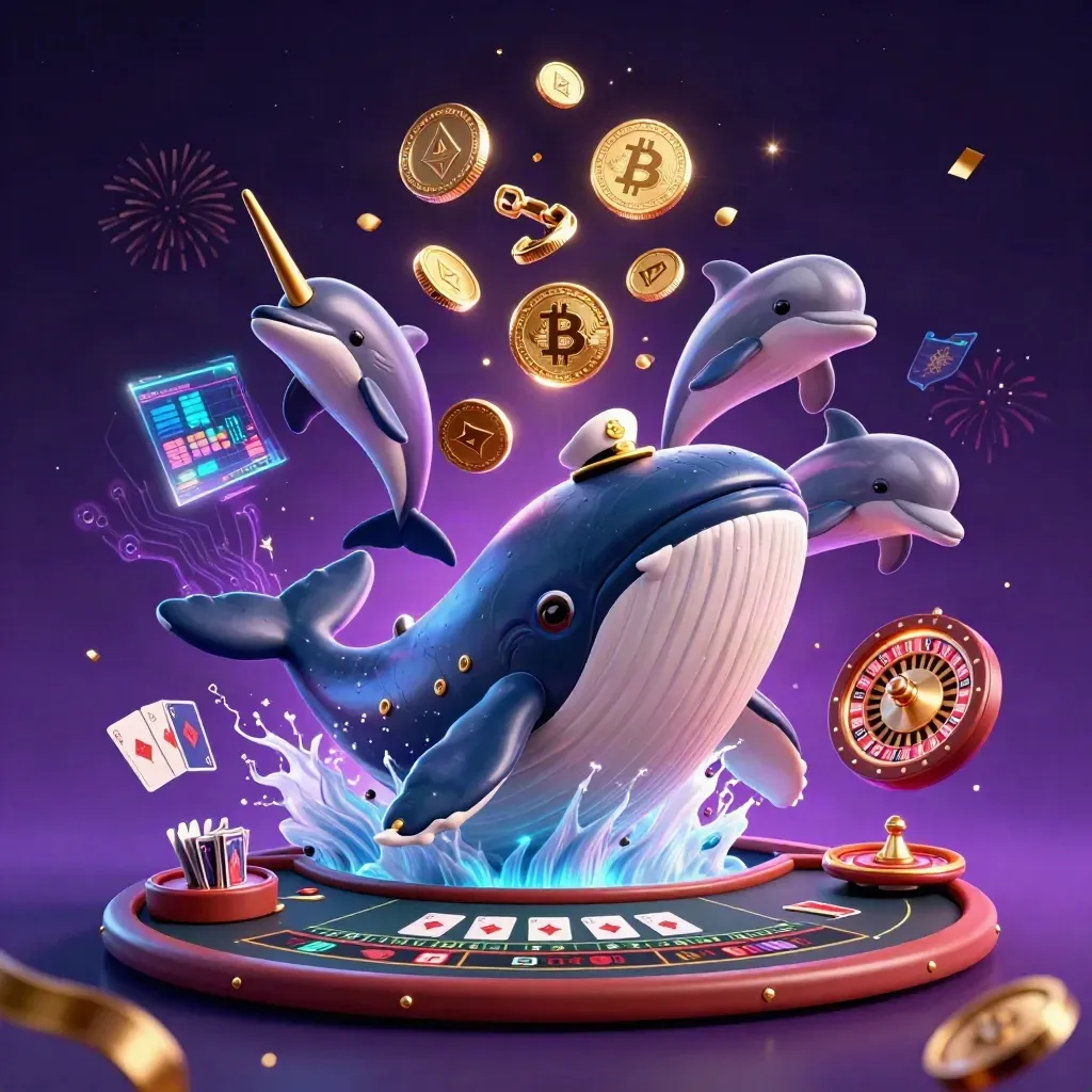 Whale captain, narwhal, and dolphins burst through coins under neon casino magic.