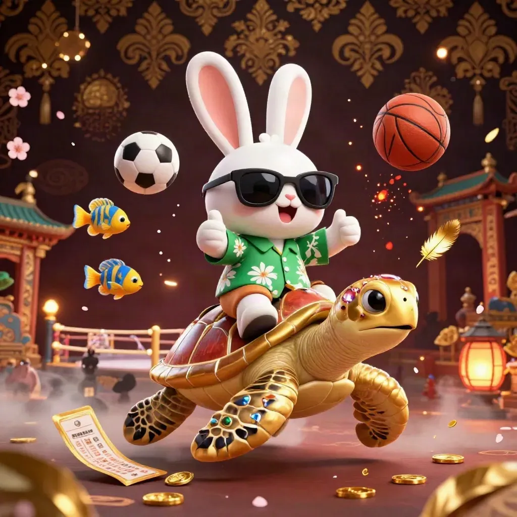 Lucky rabbit rides a gem-shell turtle amid casino magic, coins, petals, and neon haze.