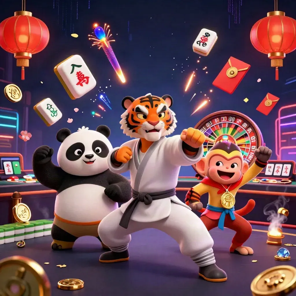 Kung-fu tiger, panda, and monkey in a neon casino room with lanterns and spinning jade coins.