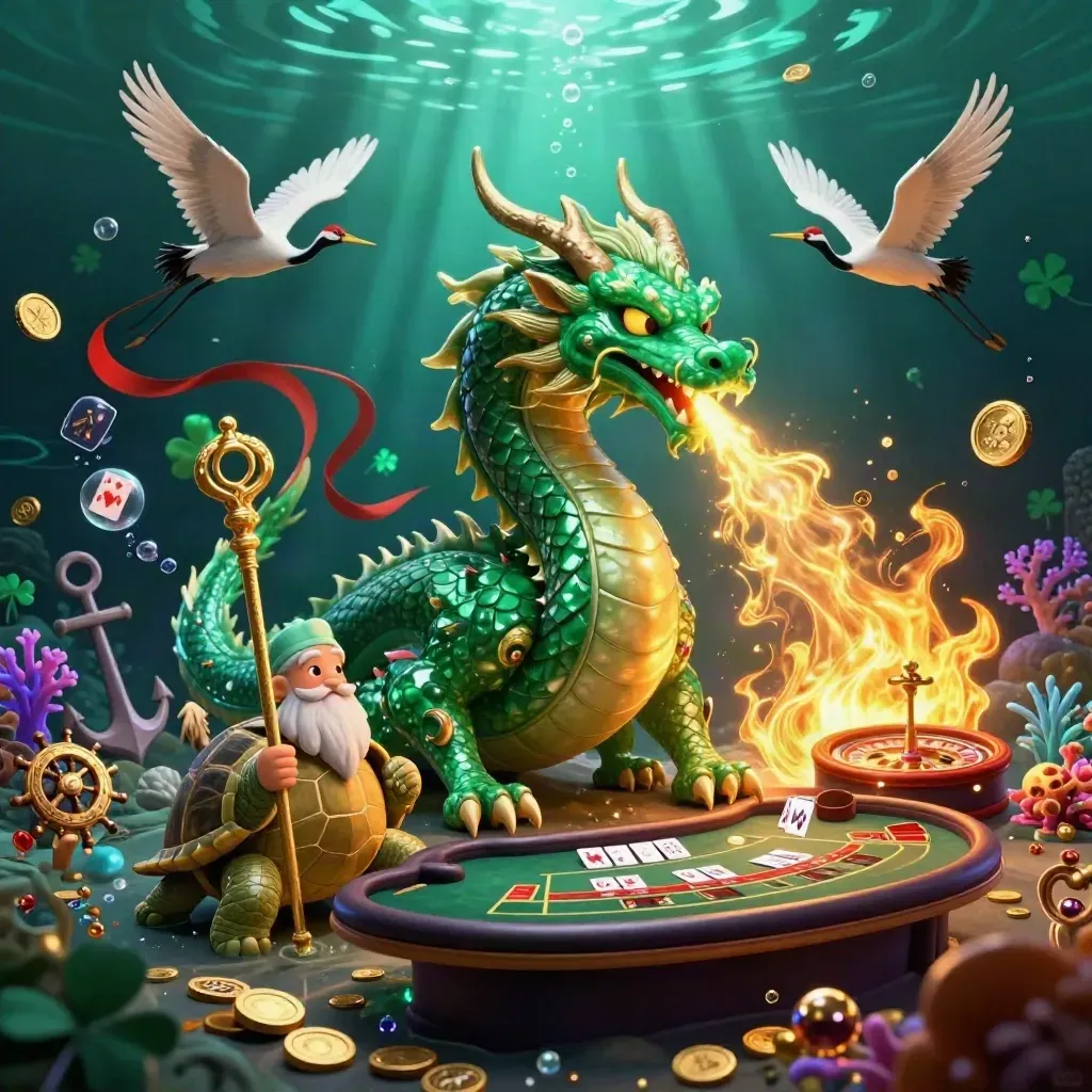 Jade dragon, turtle sage, and cranes in a glowing treasure cove with casino objects