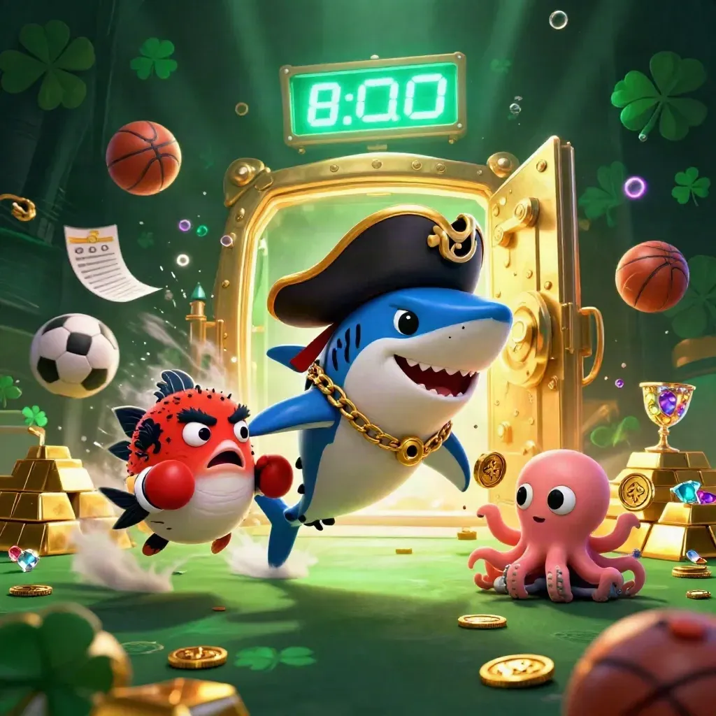 Shark pirate, pufferfish boxer and octopus amid gold, balls and a vault blast in neon casino light.