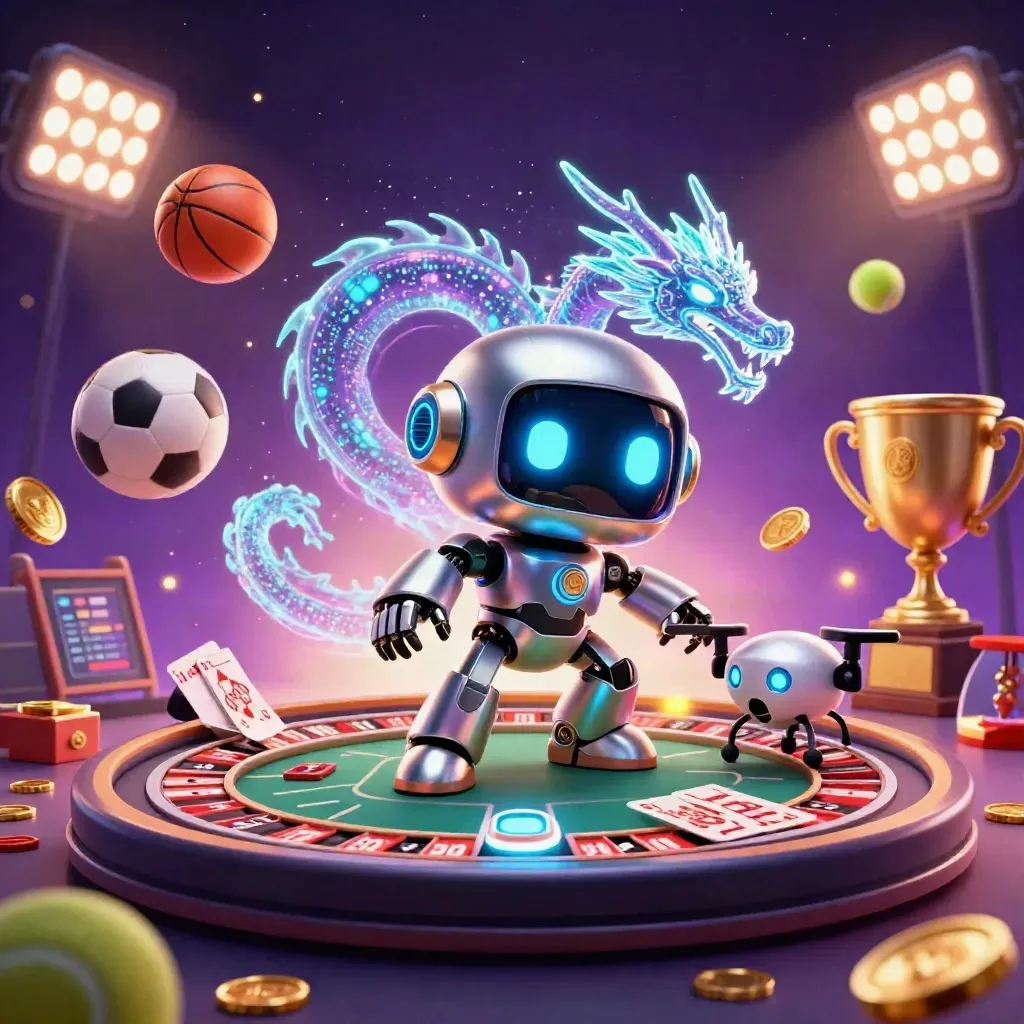Cyberpunk robot, holographic dragon, drone, casino props, balls, trophy, coins in neon purple-gold light